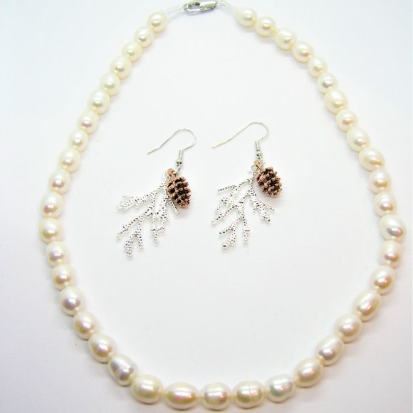 Natural Pearl Necklace and Woodland Earrings Set Wedding Jewelry for Bride - Picture 7 of 12